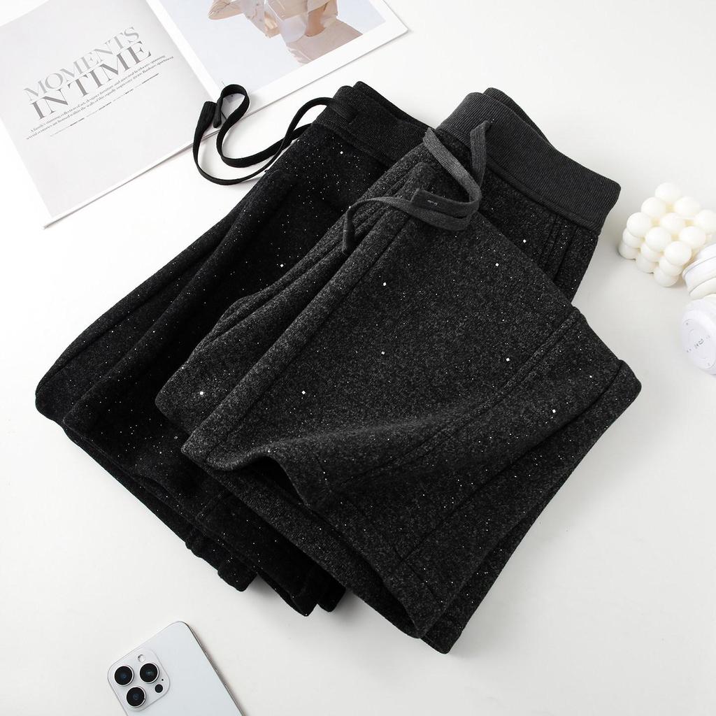 Gray Rhinestone Wool Wide-Leg Pants - Women's Winter 2025 High-Waisted Velvet-Enhanced Straight-Leg Trousers