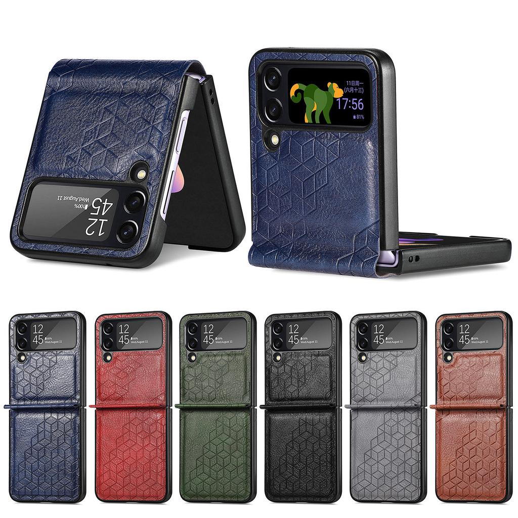 Applicable to Samsung ZFlip4 folding screen mobile phone case solid color rhombus leather pattern back cover integrated Japanese and Korean protecti