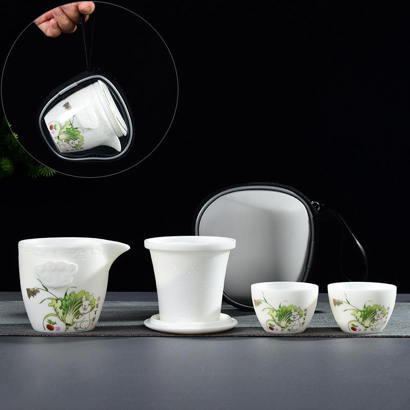 High-end suet jade kung fu tea set portable travel bag, one pot and two cups of thousands of miles of Jiangshan express cup gift