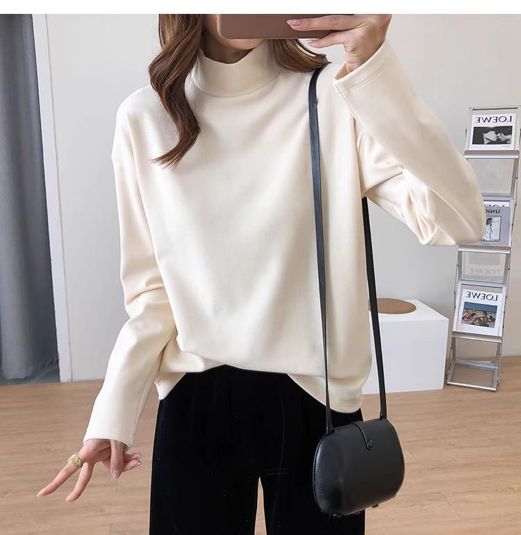 

Women s Fashion Semi-High Neck Mid-Length Loose Long Sleeve Top - Autumn Base Layer T-Shirt XXL