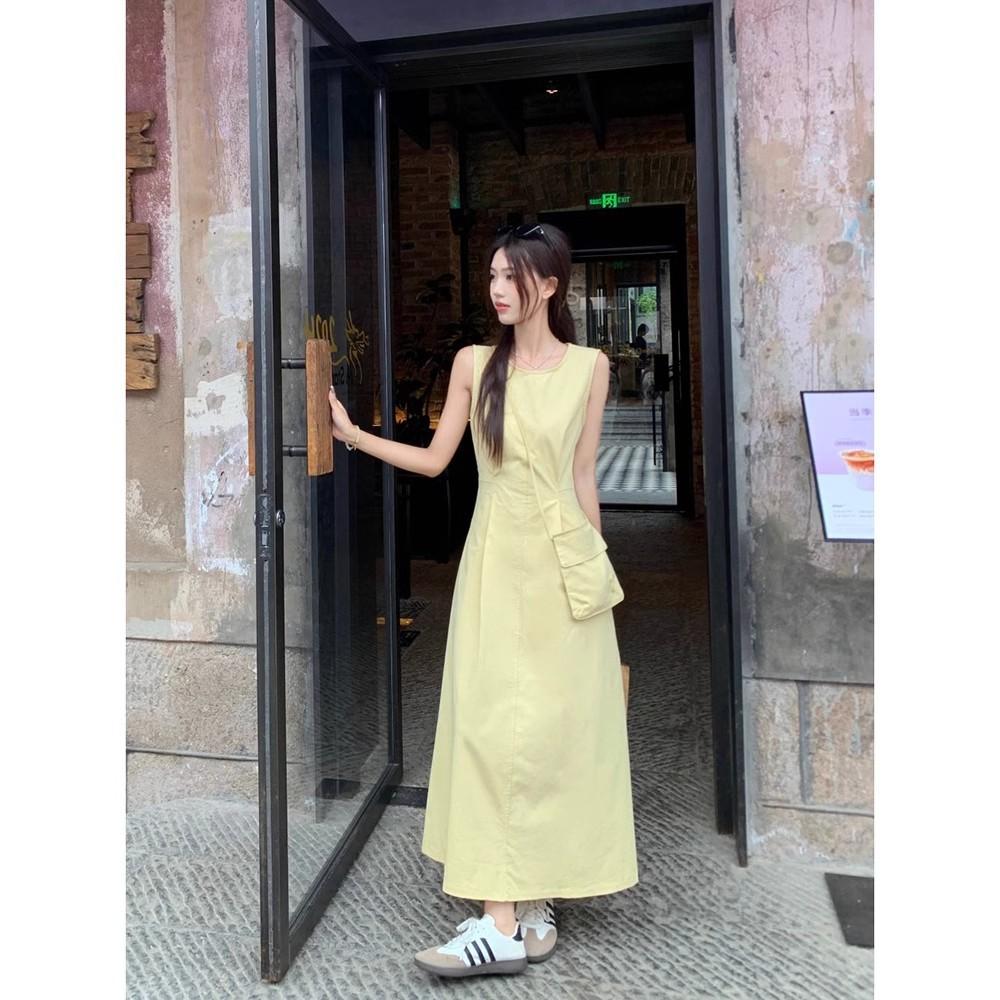 [Invisible Zipper + Small Backpack] Pure and Gentle Yellow Dress for Women's Summer Round Neck, Waist and Thin Back