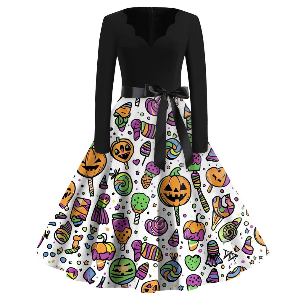 Women's Casual Fashion Halloween Printed V-Neck Vintage Dress
