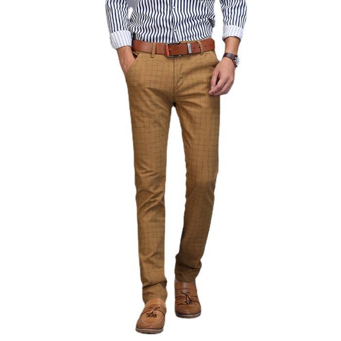Herbststil Trendige Elastische Herren Business Baumwolle Leinen Karierte Herren Schmalbeinige Freizeithose