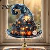 Vintage Window Pendant Halloween 2D Acrylic Decoration with Chain, Bell, Stained Glass Ghost Bat Bell Pumpkin Suncatcher Decor, Wall Hanging Ornament