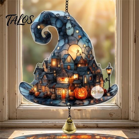 Vintage Window Pendant Halloween 2D Acrylic Decoration with Chain, Bell, Stained Glass Ghost Bat Bell Pumpkin Suncatcher Decor, Wall Hanging Ornament
