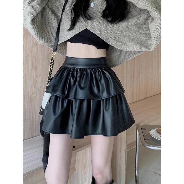 Solid color high waist tutu skirt PU leather skirt women s winter versatile A-shaped skirt pleated skirt short skirt S