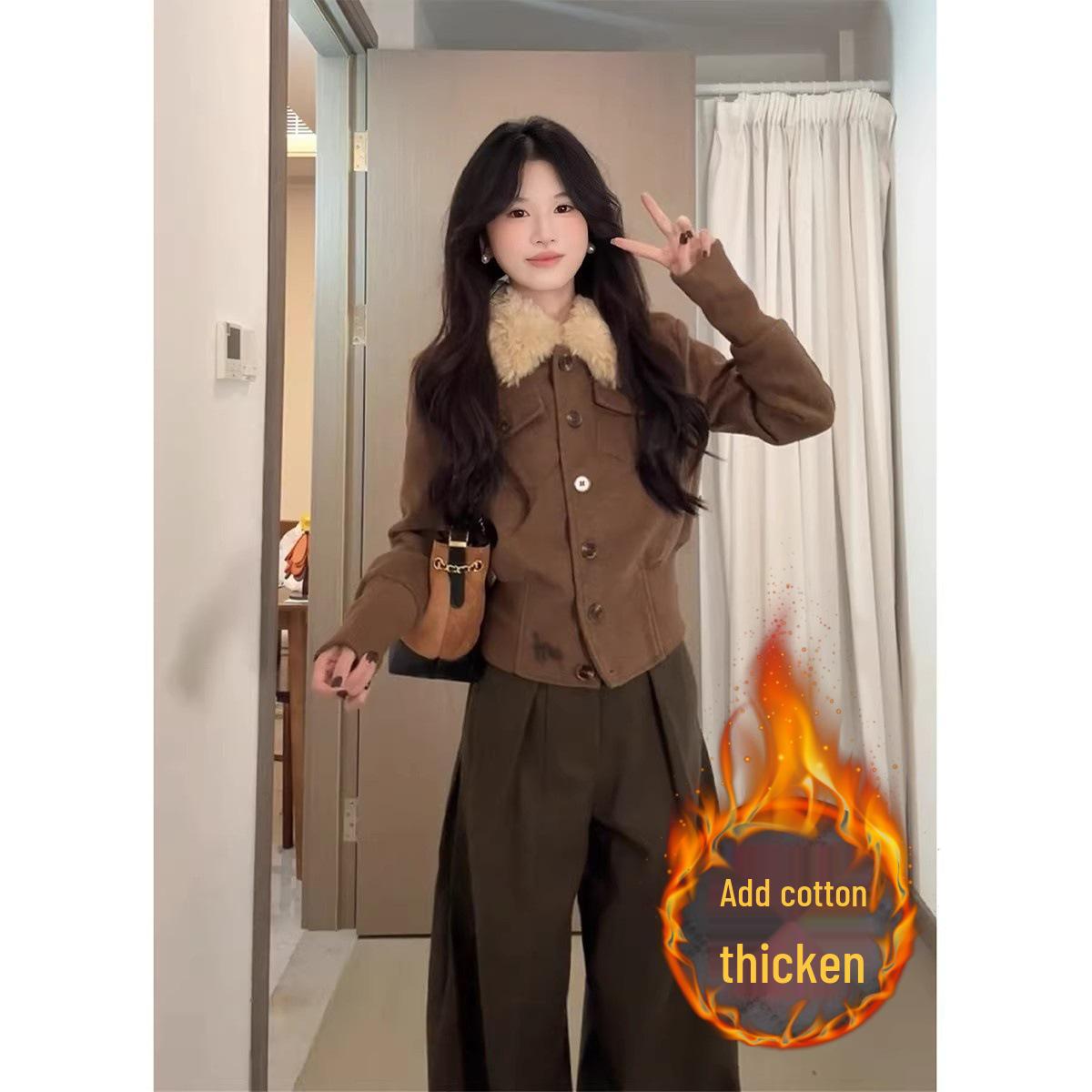 

Korean Style Coffee Woolen Coat for Women, Thick Winter Cotton with Fur Collar L темно-коричневого кольору