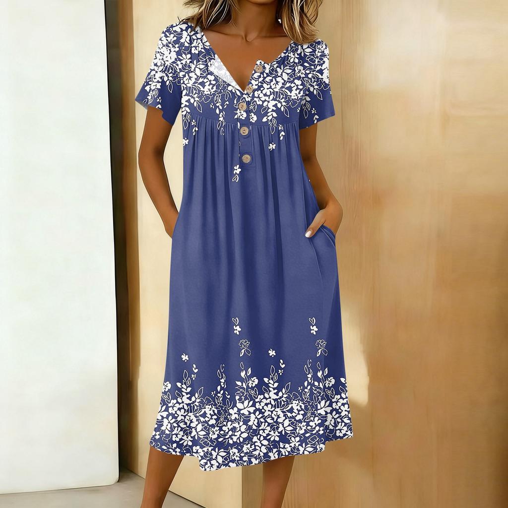Women's Fashionable Retro Printed Round Neck Short Sleeved Button Neck Mid Length Casual Dress
