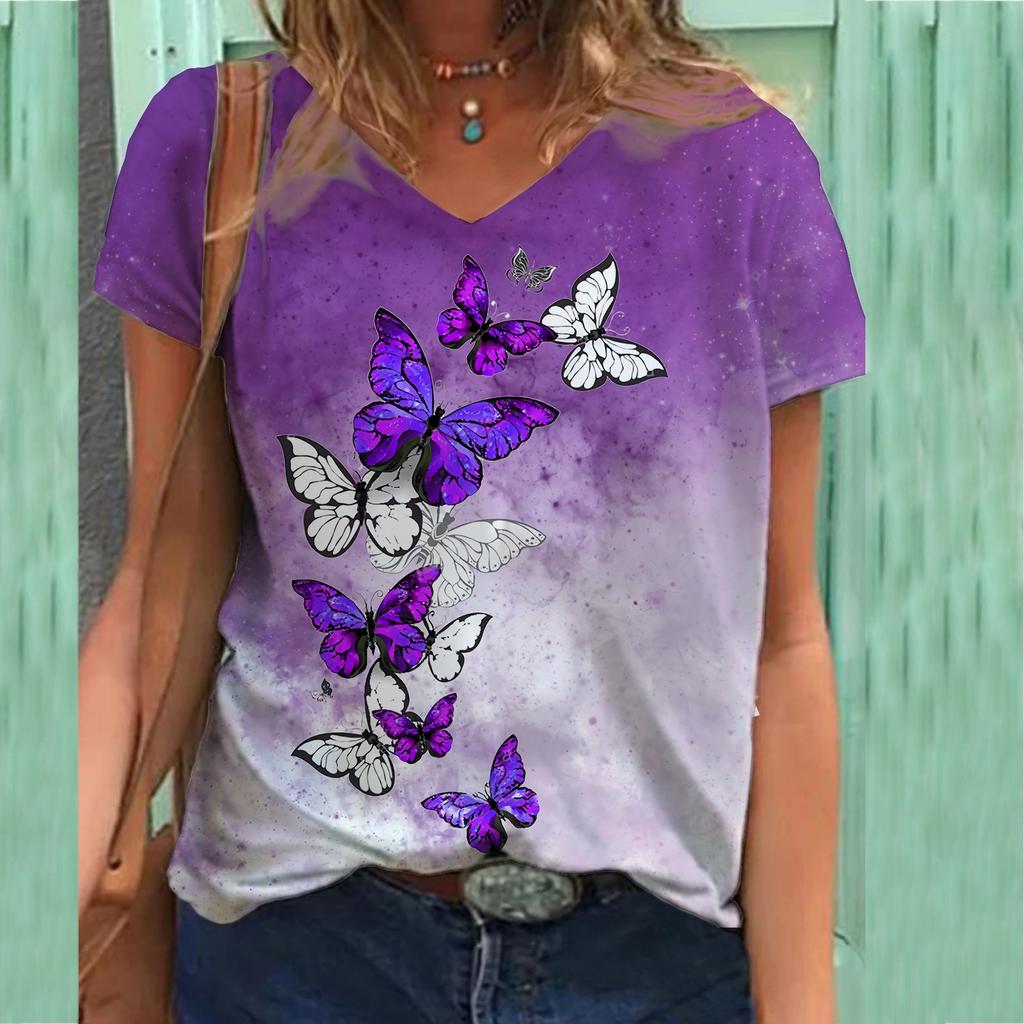 Butterfly Cat Theme Series 3D Printed T-shirt V-neck 3D Printed Women's Short Sleeved T-shirt Top