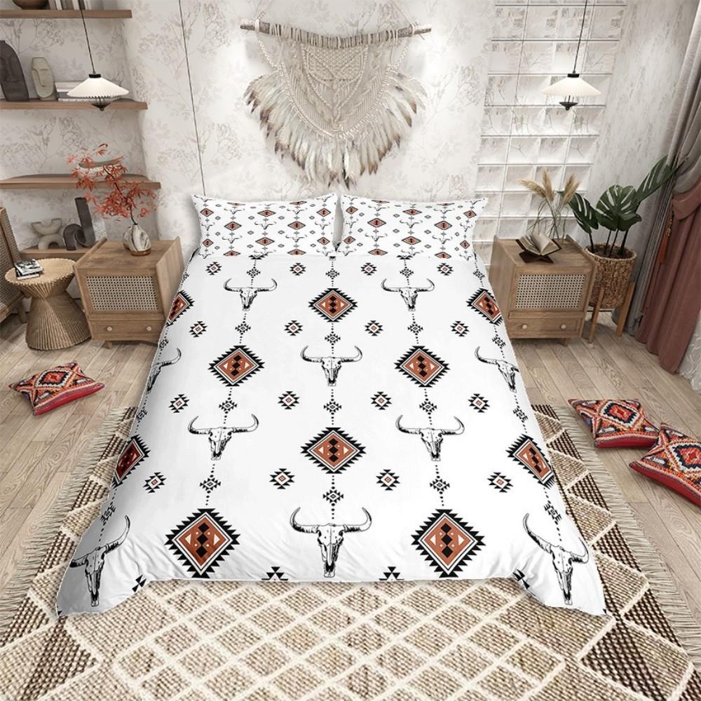 Homewish Mandala Azteken Erwachsene Bettbezug Set, Tribal Hippie Streifen Abstraktes Bettwäscheset, Western Schafsschädel Bettset