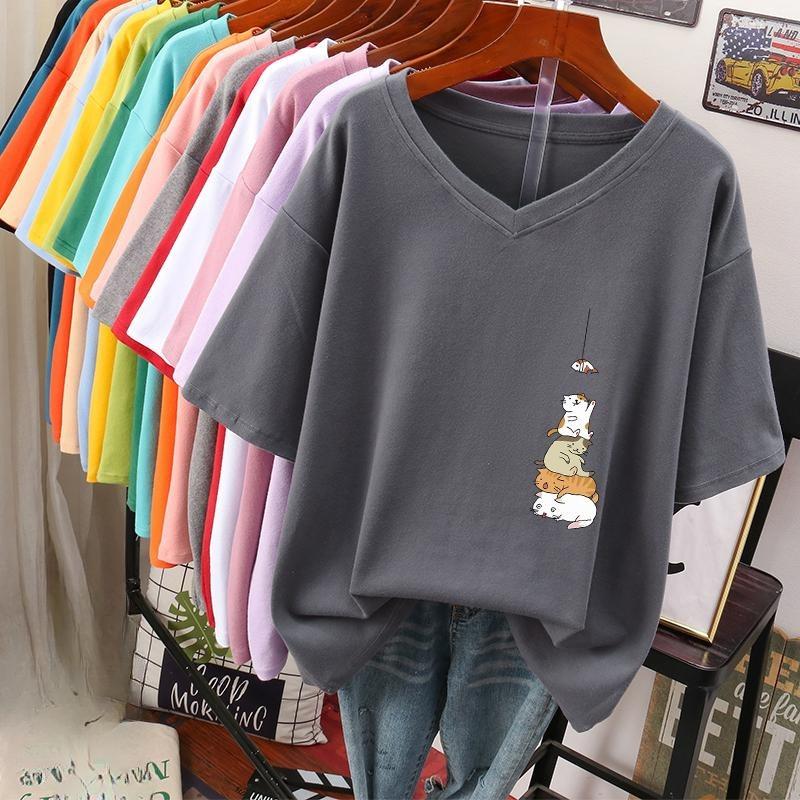 Short-sleeved T-shirt for Women, Large Size, Loose and Slimming, Printed V-neck Top