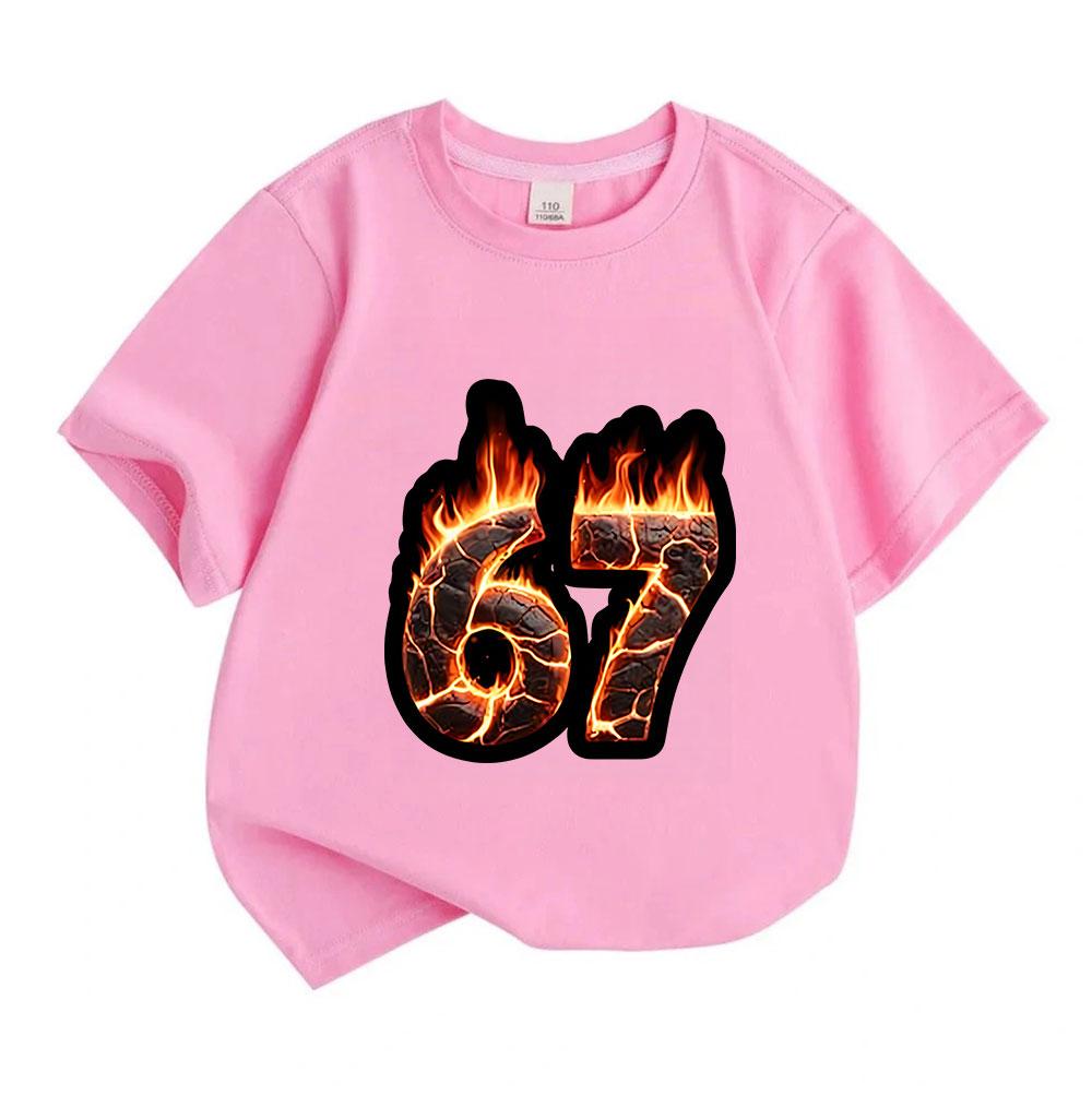 Kids Boys Girls 100% Cotton Crew Neck Short Sleeve T-Shirt, Cool Fiery Cracked Lava Number 67 Pattern Casual Soft Tee for Daily Wear