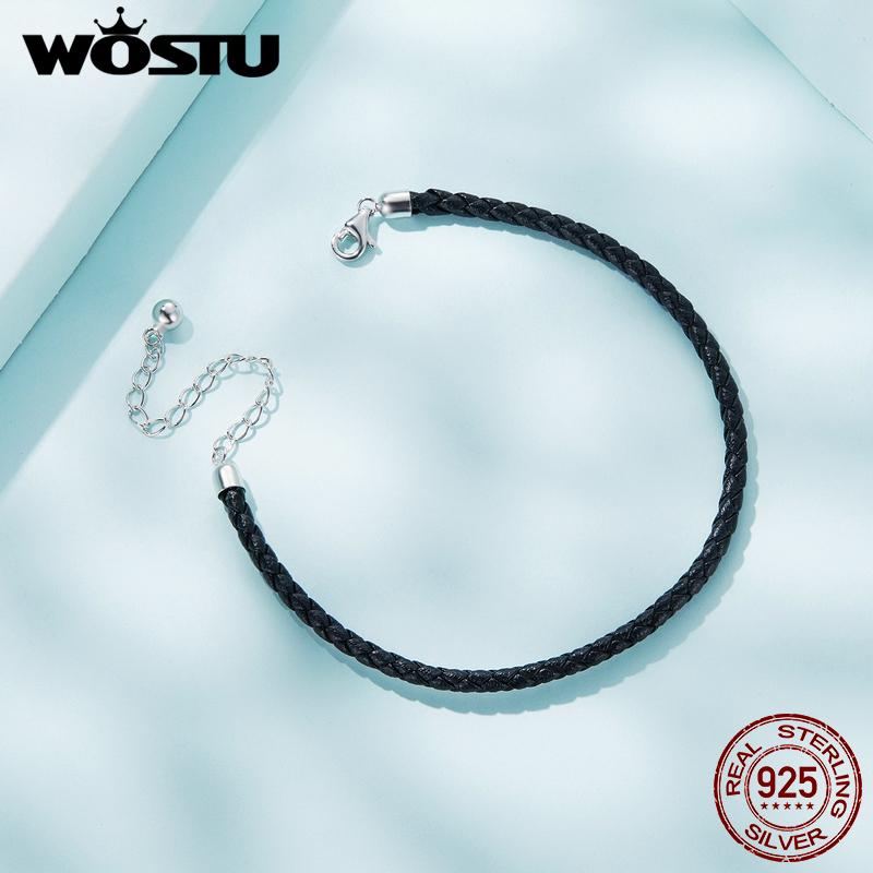 WOSTU 925 Sterling Silver Simple Leather Bracelet Fashionable Individual Lobster Clasp Bracelet
