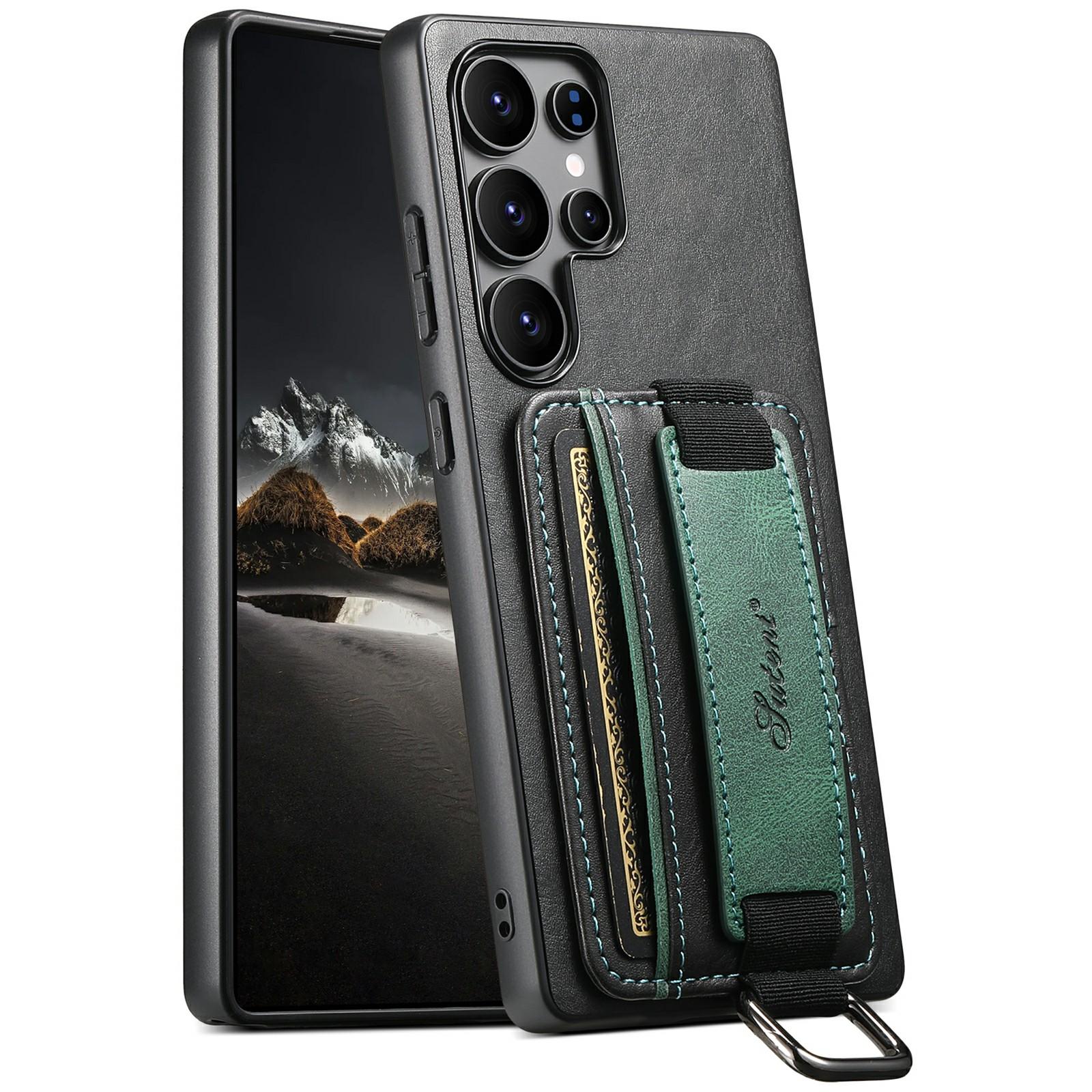 

SUTENI H13 For Samsung Galaxy S25 Ultra Case Card Holder Wristband Waxy Texture Leather+TPU+PC Cover Black