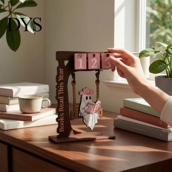 Unique Book Lover Gifts Wooden Tree Calendar Desk Ornament, Flippable Number Reading Goal Tracking Halloween Ghost Ornament Tabletop Decor,