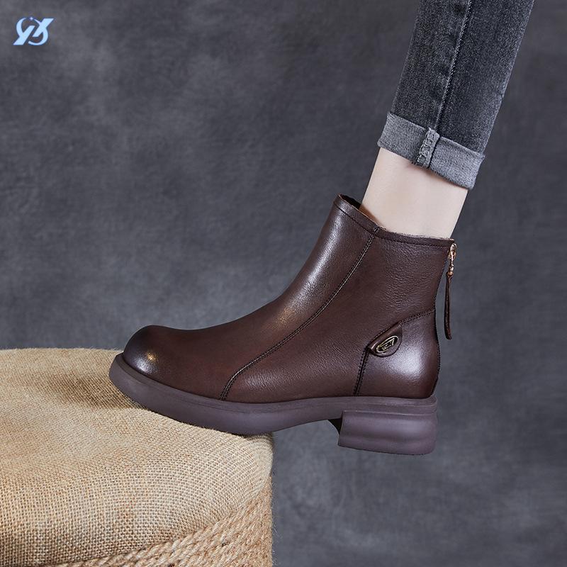 Leather Women's Shoes Autumn and Winter British Style Cowhide Martin Fashion Back Zipper Short Chelsea Single