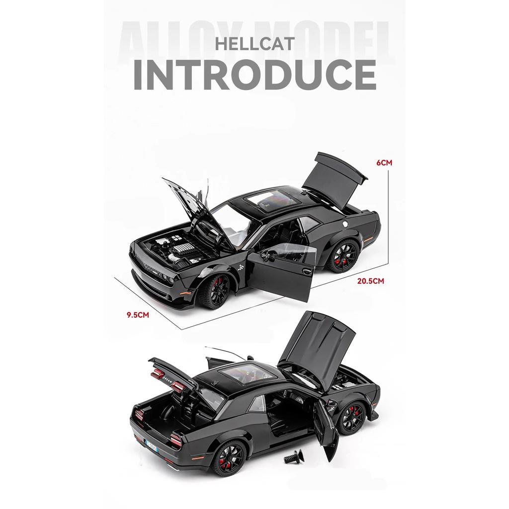 1/24 Dodge Challenger SRT Hellcat Model auta ze slitiny Diecast Kovový model sportovního vozu Vysoká simulace Zvukové světlo Dětská hračka Dárek