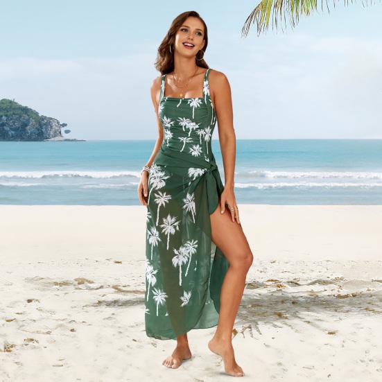 2Pcs/Set Women Sling Square Collar Pleated Monokini with Slim-Fit Cover Up Dress Quick Drying