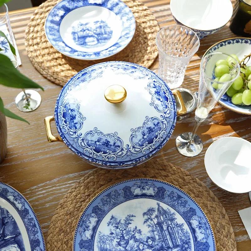 Blue Downton Abbey Food Plates, French Retro Tea Cup Set, Bowls, Dinner Plates, Fruit Tray, Fish Dish, Tableware, Dinnerware