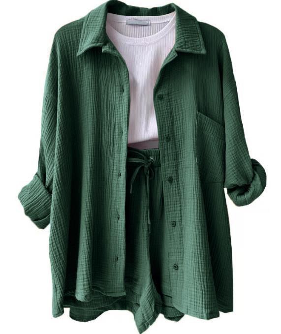 2024 Autumn Women's Two-Piece Set: Wrinkled Long Sleeve Shirt & High Waist Drawstring Shorts