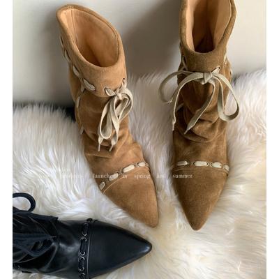 Fashion Drawstring Design Pleated Ankle Boots Pointed Toe Suede Leather Slip On Height Increasing Women's Western Cowboy Boots