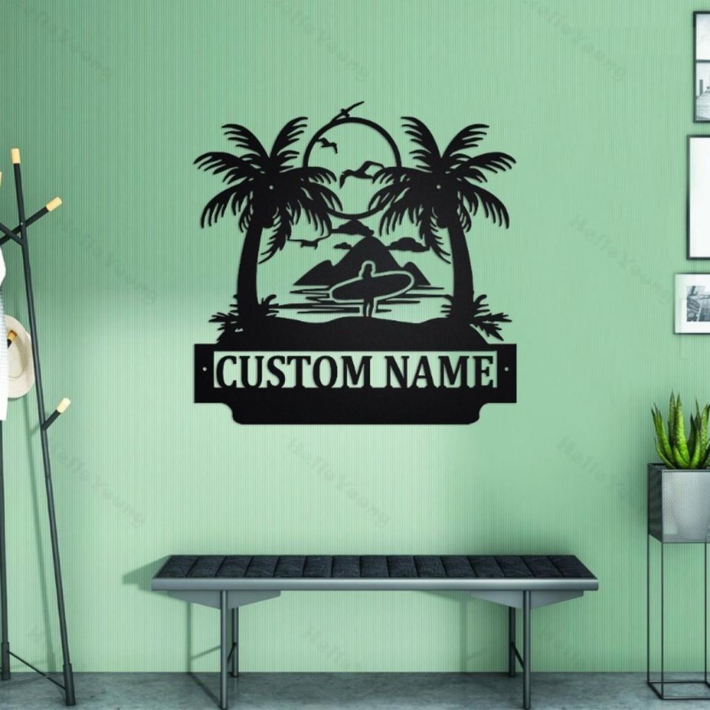 Customizable Metal Wall Art Plaque Beach Silhouette Family Name Sign for Home Garden Entrance