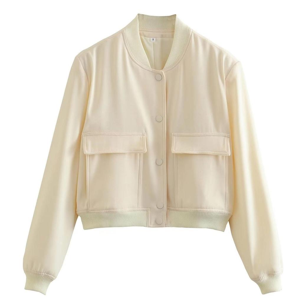 2026 Spring Women's Stand Collar Jacket with Large Pockets, Minimalist Solid Color Casual Coat for Daily Streetwear, Lightweight Outerwear