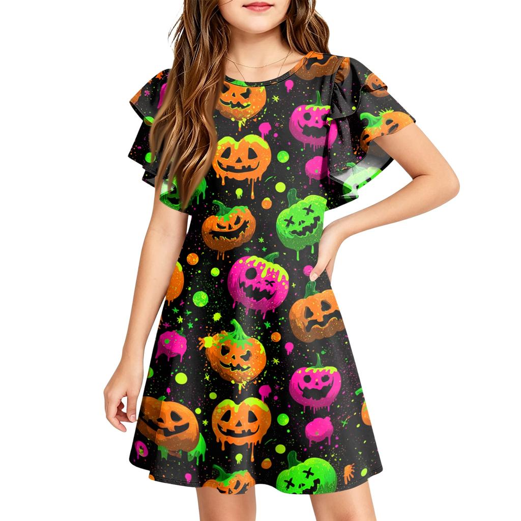 Children's ruffled sleeve dress with round neckline, A-line style, casual Halloween print dress
