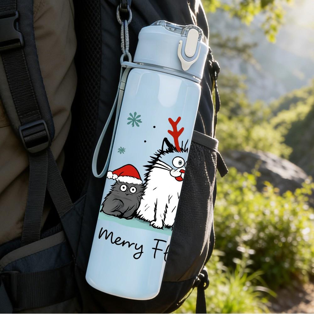 1PC Merry Fluffmas Cat Santa Hat 750ml Color Plastic Sports Water Bottle Leakproof Flip Straw Lid Suitable for Sports Office Home Use