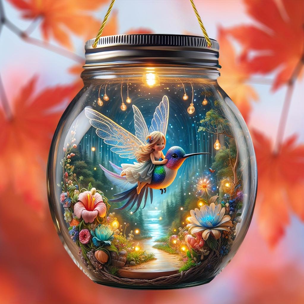 2D Flat Acrylic Mason Jar Hangings Decor, Plants Flowers, Fairy, Hummingbird, Mason Vase Painted Outdoor Decor Living Room Wall Window Pendant