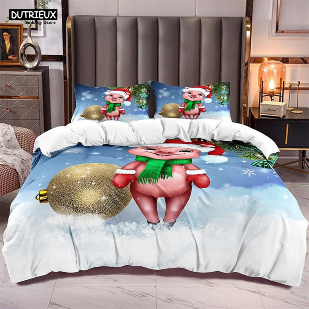 Cartoon Lovely Pig Duvet Cover Set Kawaii Animal Bedding Set King Microfiber Farmhouse Wildlife Theme Comforter Cover Pillowcase