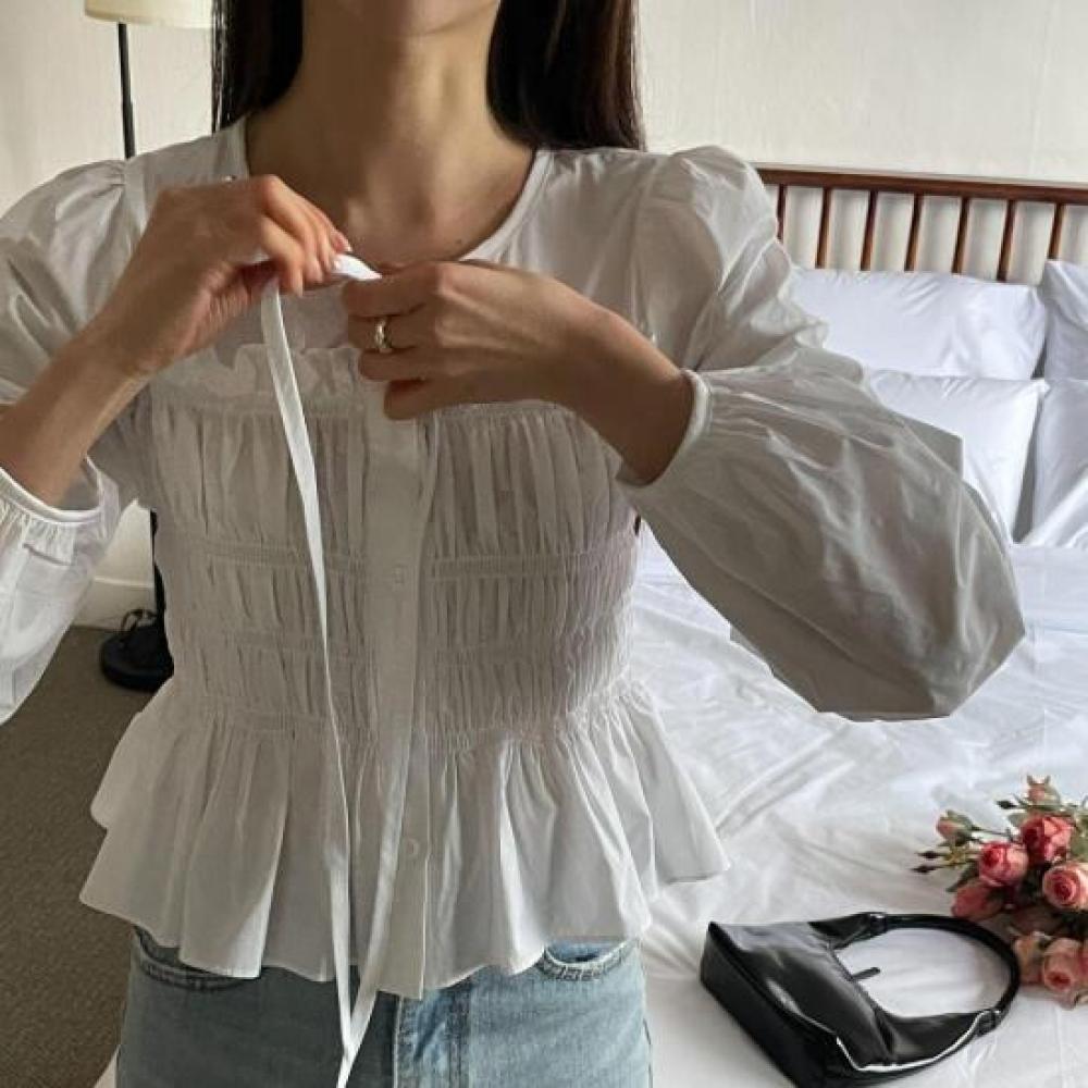 New Arrivals Open Run Roomzel Frill Decoration Volume Cotton Blouse Women