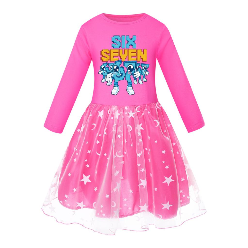5195 Kids Girls Steal a Brainrot 67 Six Seven Print Mesh Rainbow Round Neck Casual Casual Cotton Dress
