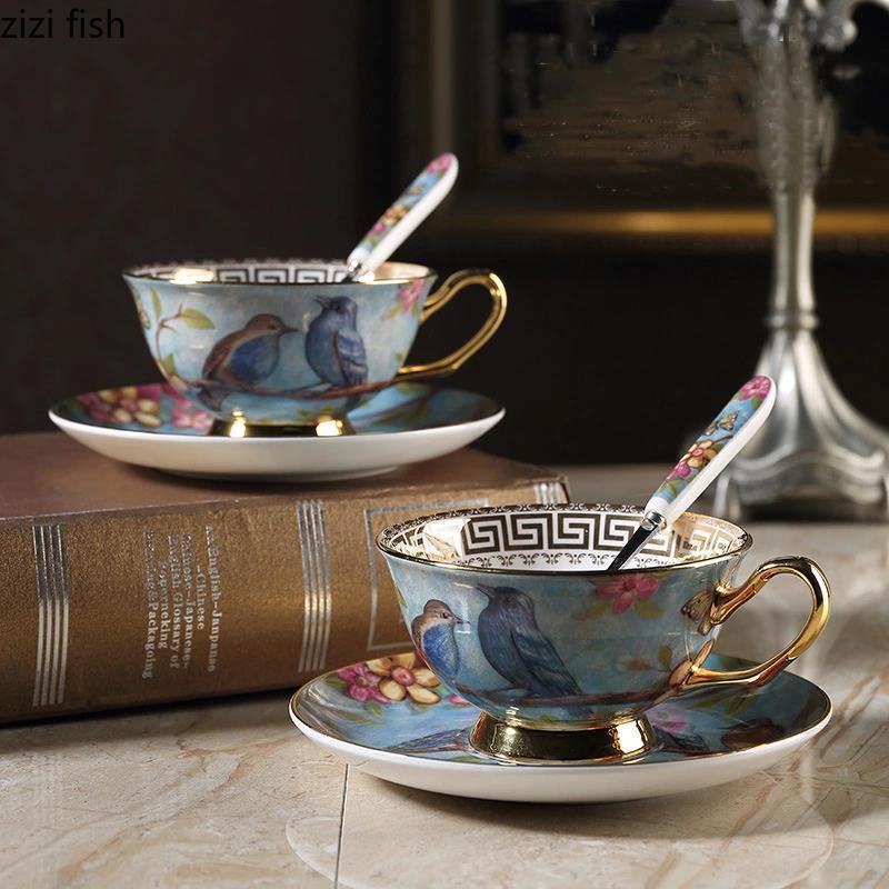 Flower and Bird Ceramics Coffee Cup and Saucer Flower Tea Cup Afternoon Tea Mug Breakfast Cups Milk Mug Water Cups Juice Mug
