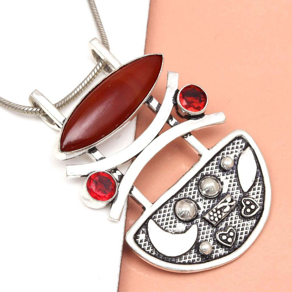 Red Onyx Garnet Gemstone Women's Gift For Her Silver Jewelry Pendant 2"