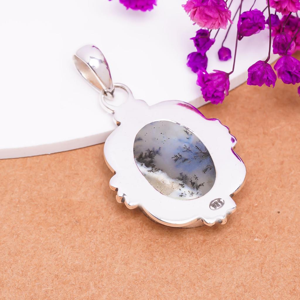Dendritic Agate - Brazil 925 Sterling Silver Pendant V8188, White Pendant, Oval Pendant, Valentin's Day Gift, Gift For Her, Birthday Gift, Handmade Je