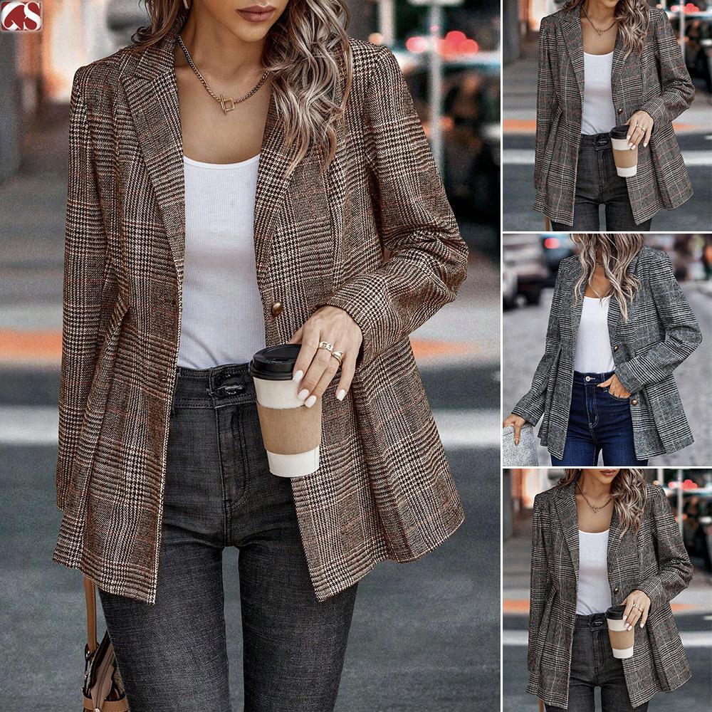 Women's Plaid Blazer Jacket  Casual Outfit,suitable for Both Daytime and Evening Wear.