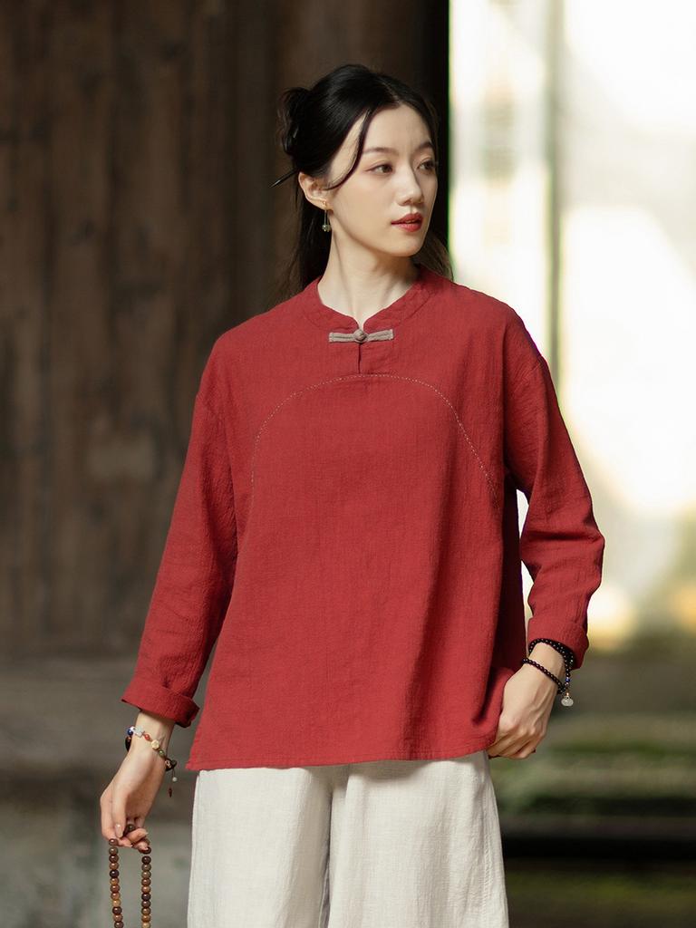 Johnature Camisetas Vintage Bordadas para Mujer Color Sólido Cuello Alto Manga Larga Otoño Botón Suaves