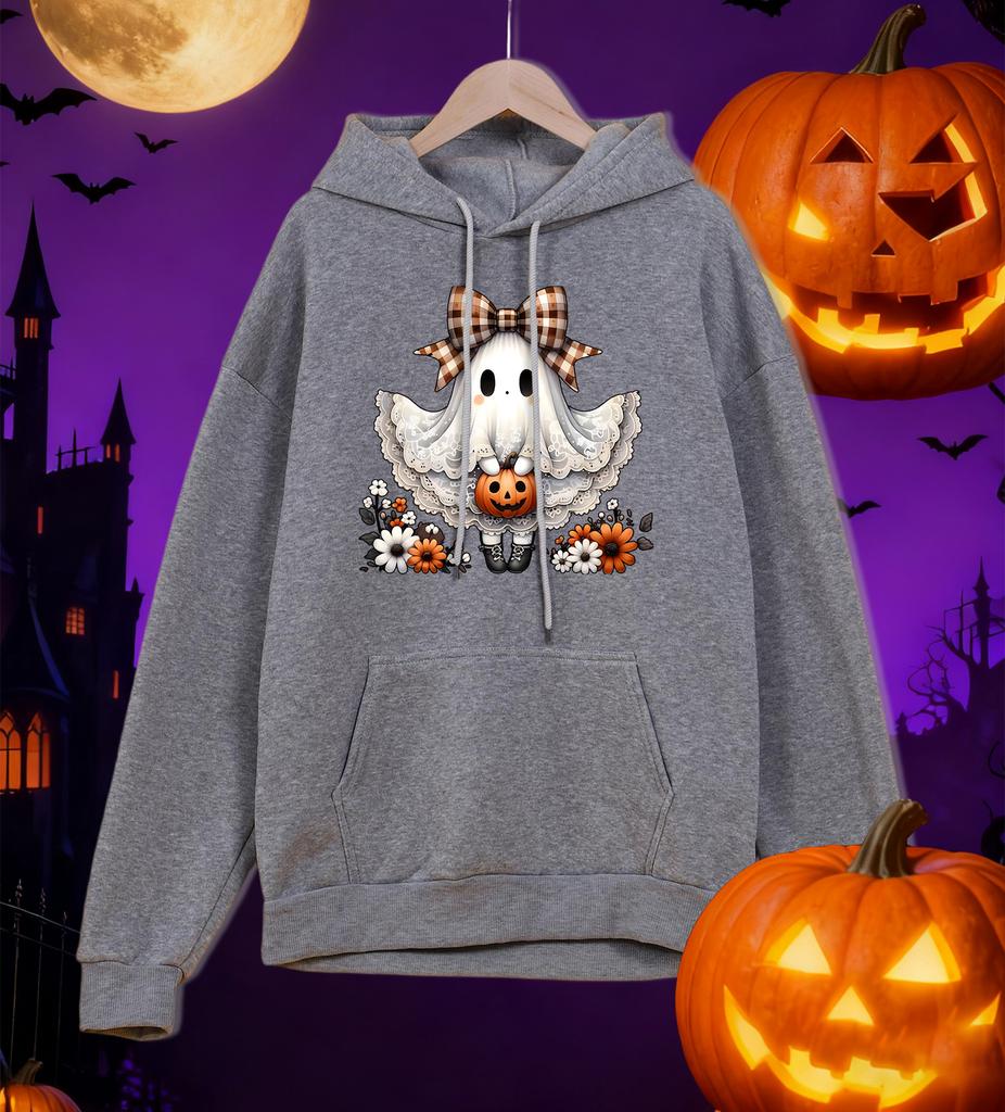 Fröhliches Halloween Schleife Geisterdruck Herren Hoodie Hip Hop Mehrfarbig Kapuzenpullover Fleece Allround-Pullover Übergroße Tasche Sportbekleidung
