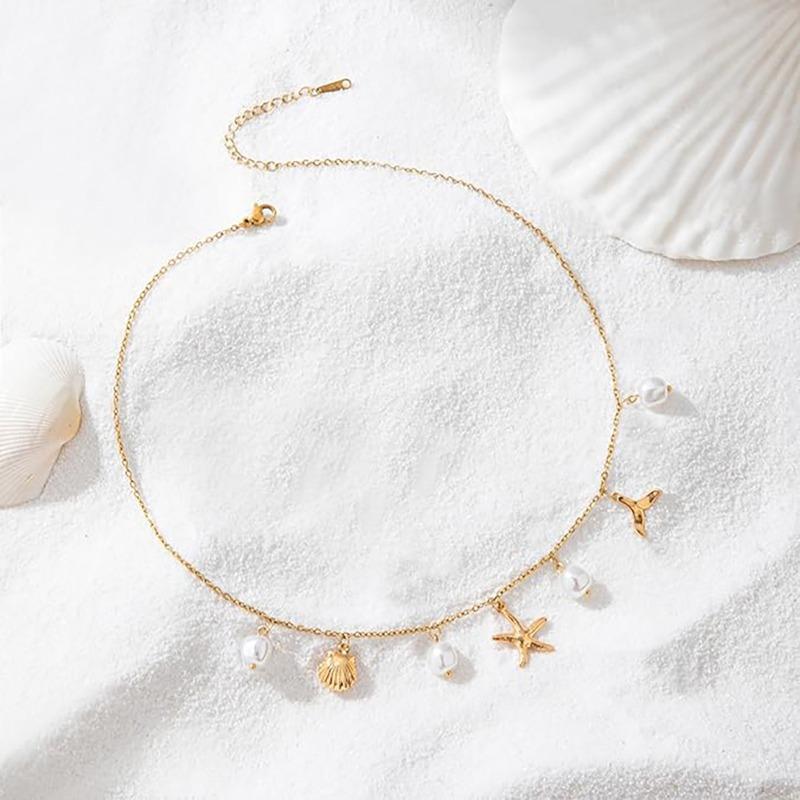 Fashionable and Versatile Ocean-themed Necklace. Multi-element Pearl and Shell Luxury Women's Necklace.