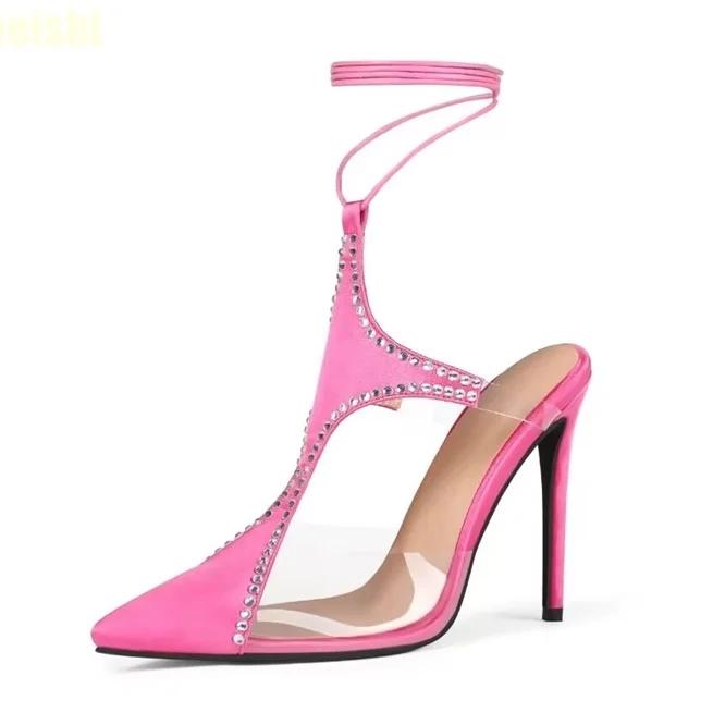 2025 Summer New Women Sandals Pink Satin Clear Pvc Crystal Bling Bling Thin High Heels Slingback Ankle Strap Sandals
