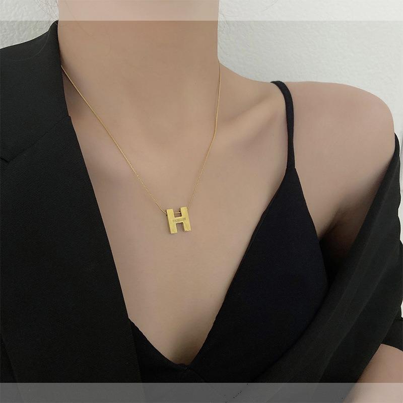 Women H Letter Titanium Steel Clavicle Sweater Necklace Fashion Daily Jewelry
