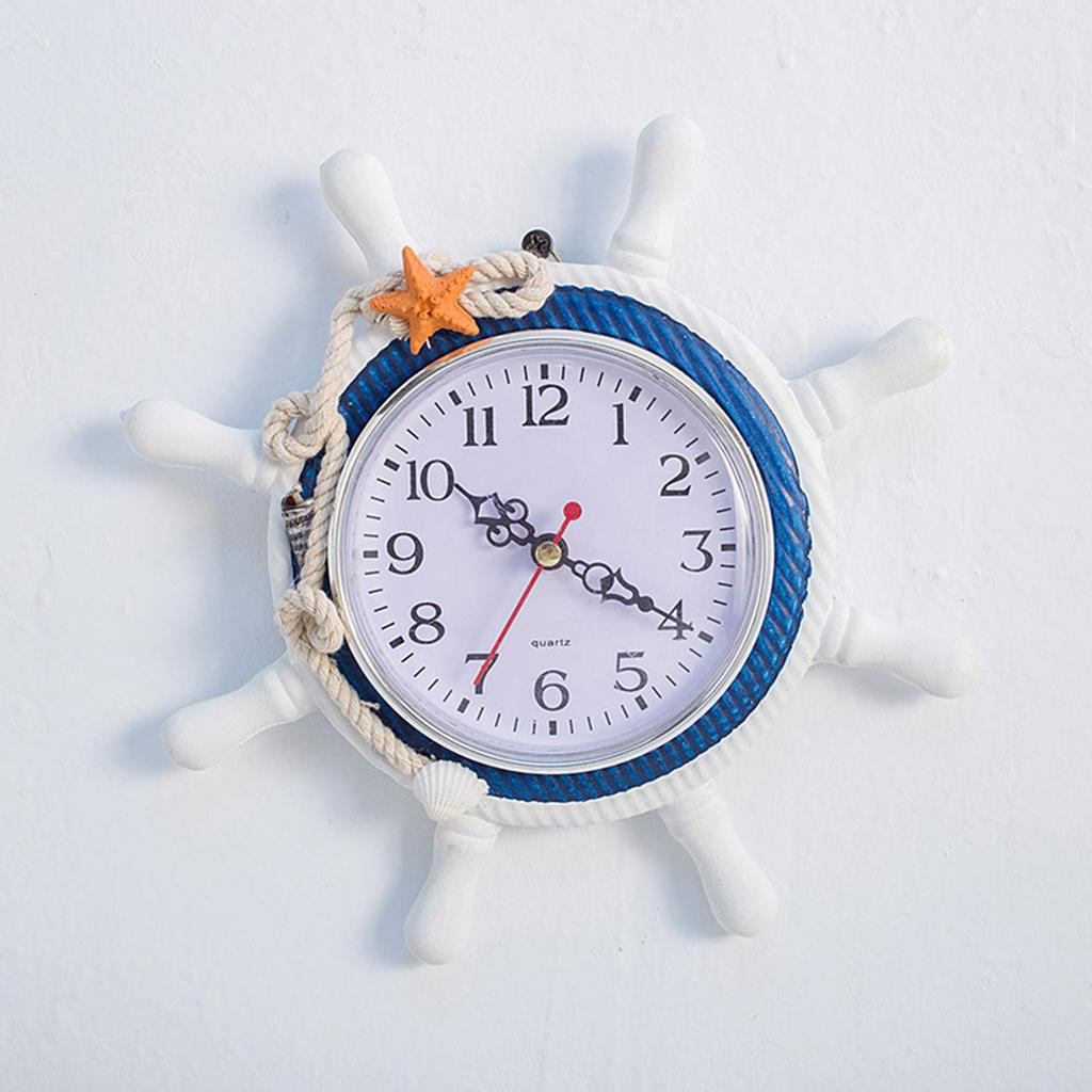 Mediterranean Style Wooden Wall Clock Retro Rudder Ship Wheel Round Hanging Time Clock Farmhouse Home Nautical Decor