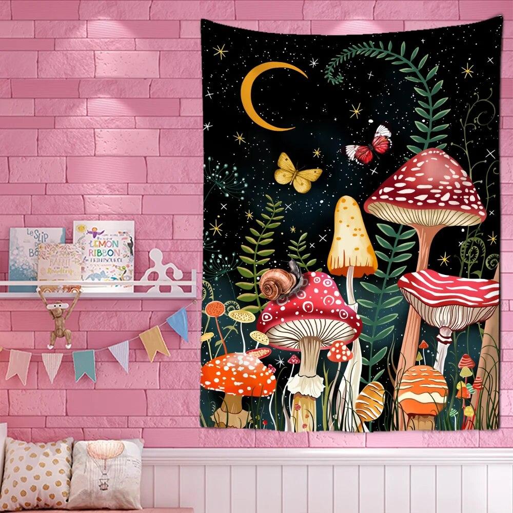 

Мультяшный милый грибной гобелен, настенный, эстетическое украшение комнаты, богемное психоделическое украшение для дома в общежитии 100x75cm