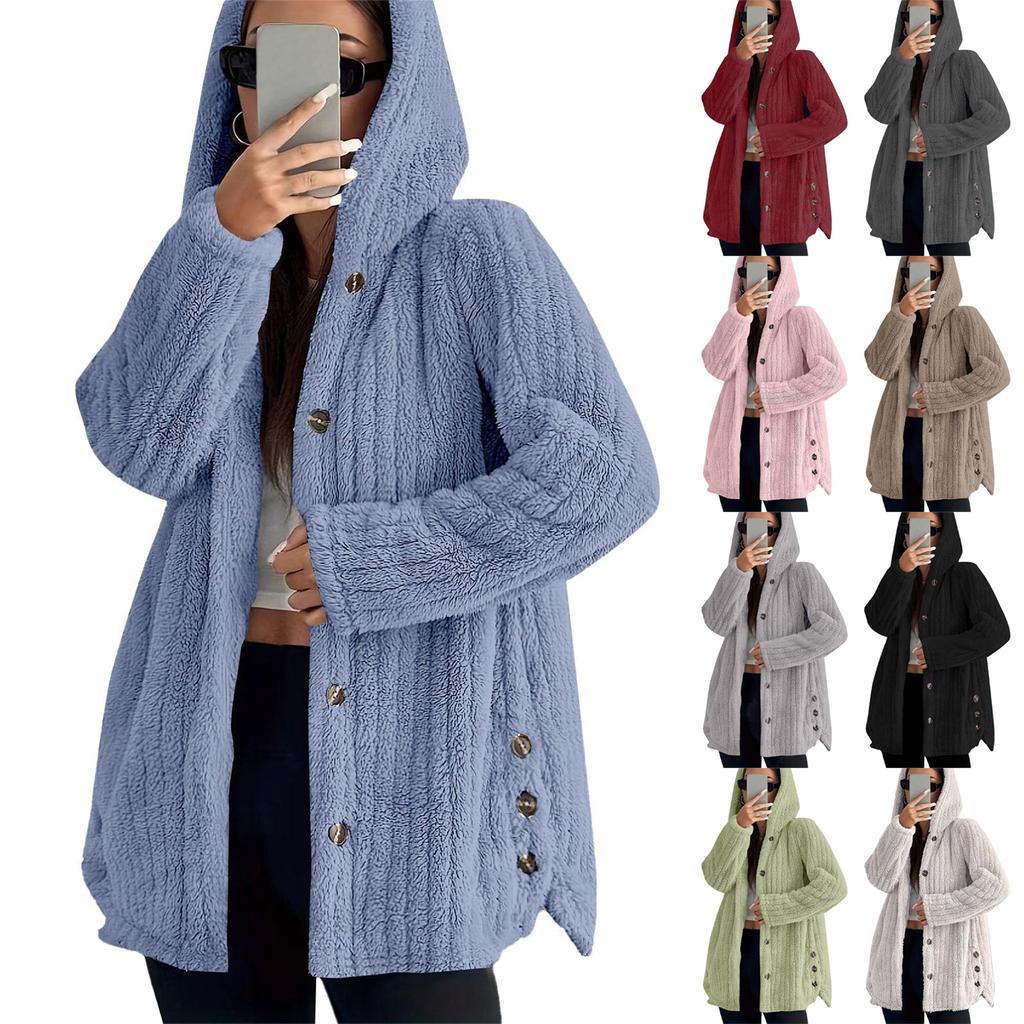 Women's Fashionable Coat Solid Color Long Sleeved Hooded Button Plush Warm Jacket