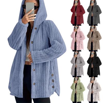 Casaco Feminino da Moda Cor Sólida Manga Longa com Capuz Botão Pelúcia Quente Jaqueta