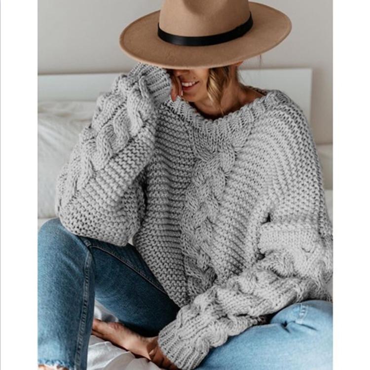 Women's Autumn Winter Loose Knitted Casual Sweater V-Neck Twist Pure Color Comfortable Plus Size Sweater
