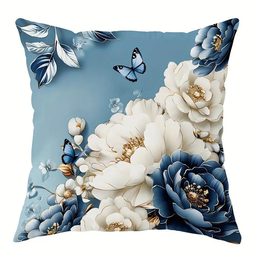Modrý a Bílý Zlacený Květinový Vzor Domácí Dekorace Povlak na Polštář Obývací Pokoj Pohovka Polyesterový Povlak na Polštář se Zipem