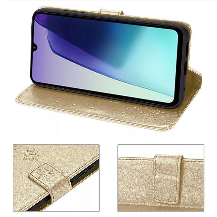 Case and 2 Tempered Glasses - E.F.CONNECTION - For Xiaomi Redmi 14C - Golden Synthetic Leather - Butterfly Pattern - Shockproof