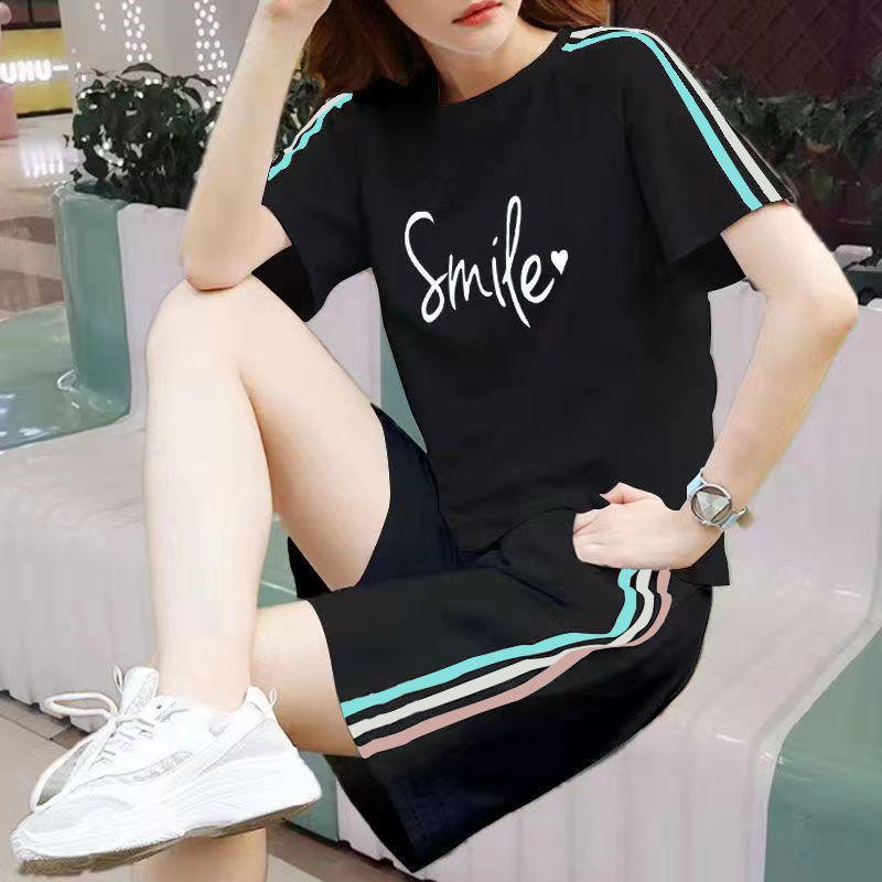 Women's Korean-Style Summer White Loose Plus Size Short Sleeve T-Shirt & Shorts Set